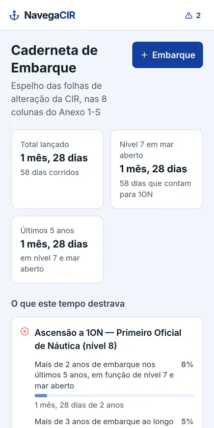 Tela da caderneta de embarque com o cômputo de tempo de mar
