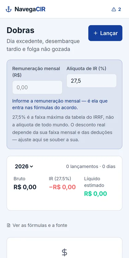 Tela de cálculo de dobras pelo acordo coletivo